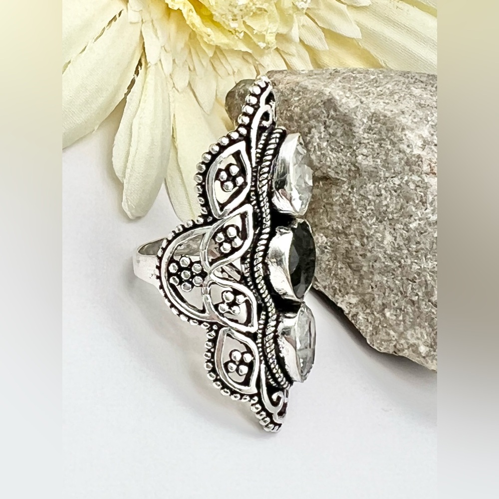 BLACK ONYX/WHITE TOPAZ RING - Picture 5 of 11